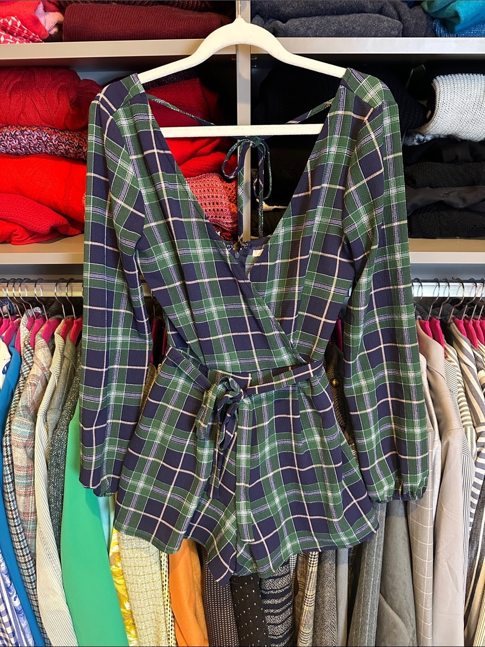 Miami navy/green plaid long sleeve v neck back zipper lined romper size XXS